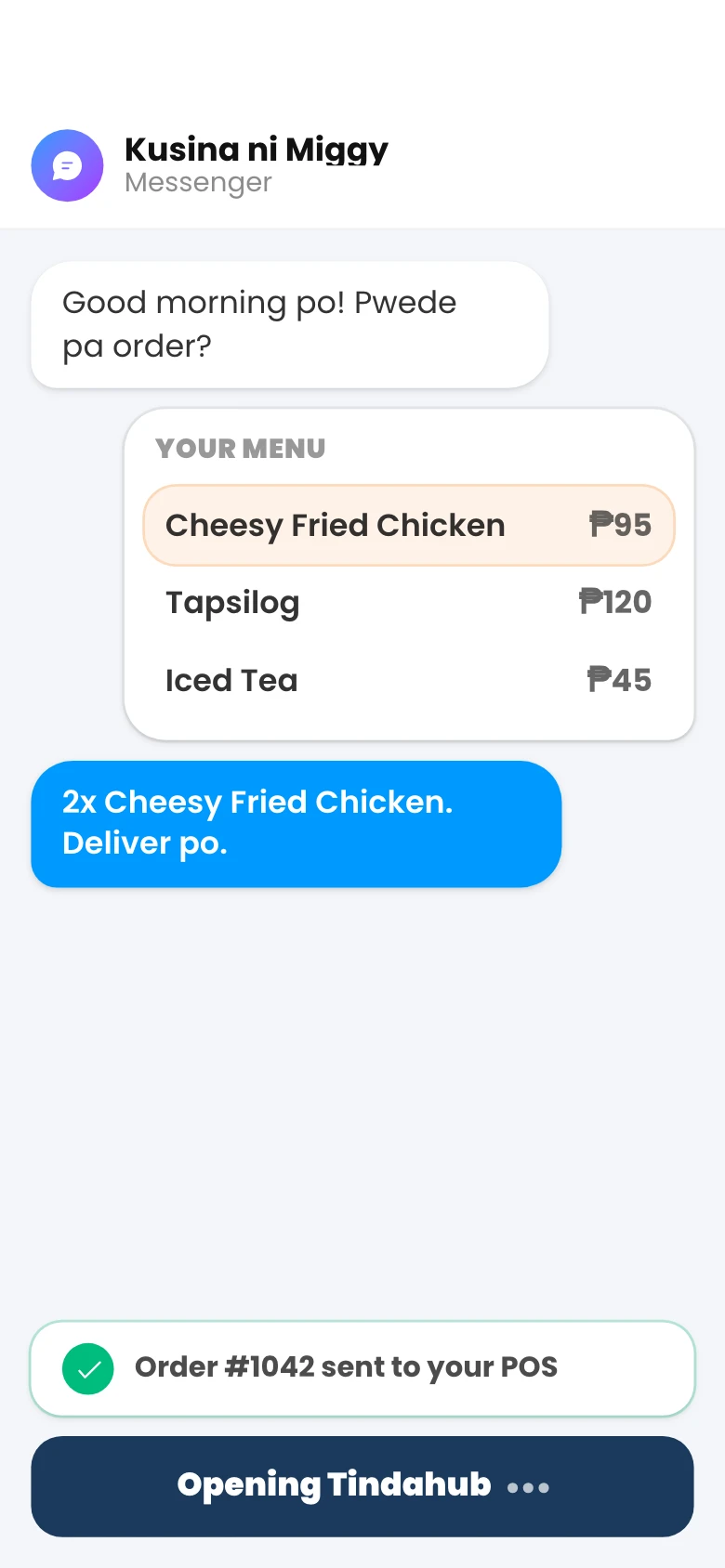 Ordering from your menu inside Messenger